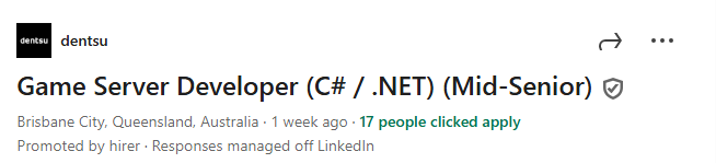 LinkedIn Job Posting for a role at dentsu, detailing a desire for Unity Multiplayer experience
